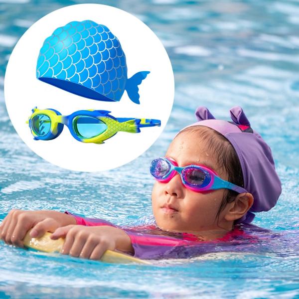 マーメイド スイムゴーグル キャップ付き 調節可能な水泳用メガネ 子供用 男の子 女の子 ブルー イエロー