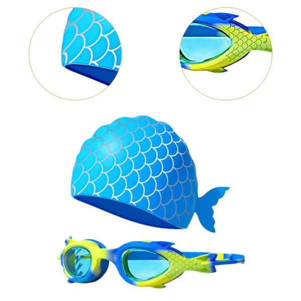 マーメイド スイムゴーグル キャップ付き 調節可能な水泳用メガネ 子供用 男の子 女の子 ブルー イエロー