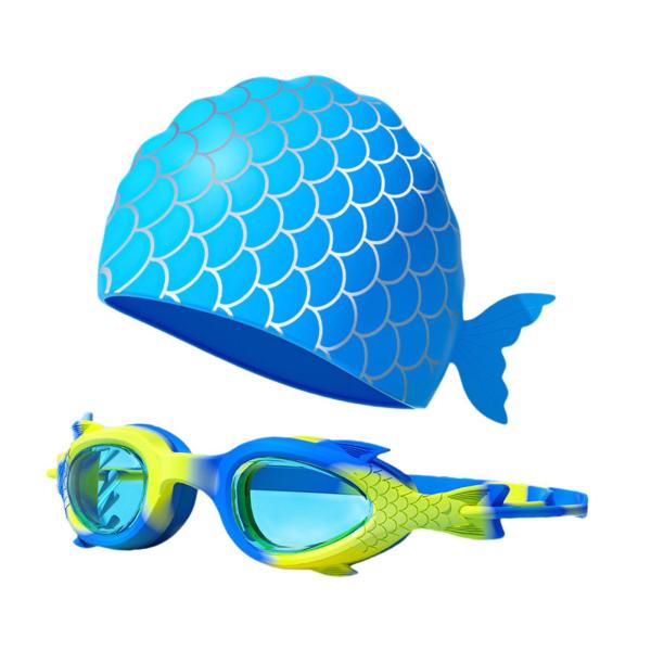 マーメイド スイムゴーグル キャップ付き 調節可能な水泳用メガネ 子供用 男の子 女の子 ブルー イエロー