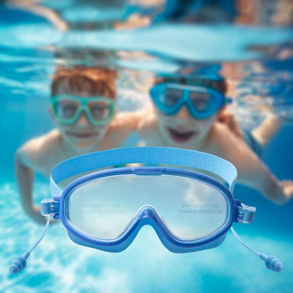 子供用スイミングゴーグル 防水 軽量 広視野角 ポータブル ソフトアイウェア ブルー