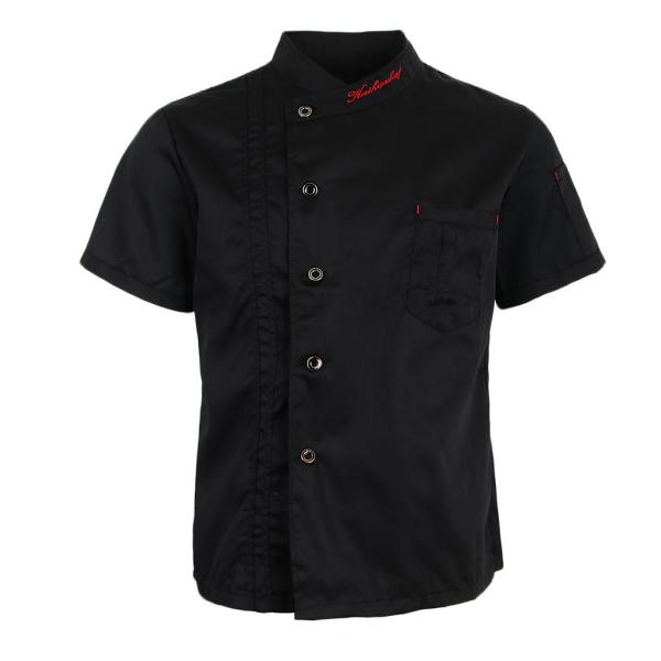 ユニセックスシェフジャケットコート半袖シャツキッチン制服l黒