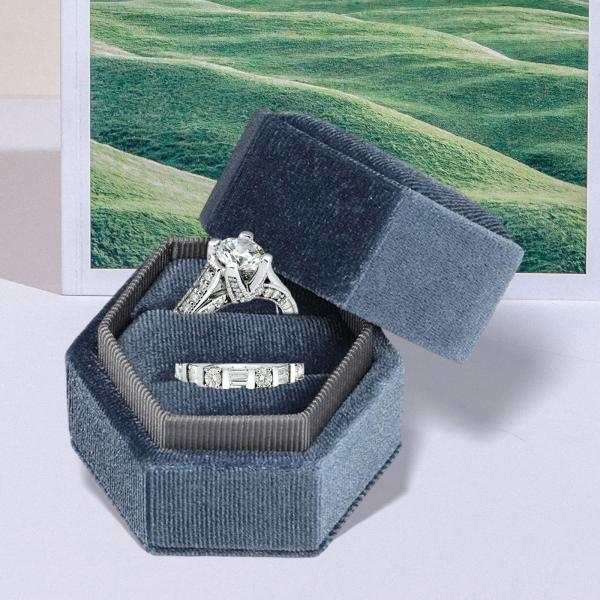 リングボックス ホルダーケース ジュエリー包装 ギフトボックス 六角形 プロポーズ用 グレーブルー