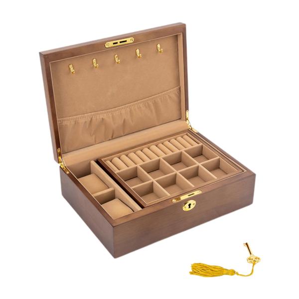 木製ジュエリーボックス ジュエリー収納ボックス ロック&キー付き 2段 ロック可能ジュエリーケース 小物入れ リング イヤリング 整理用