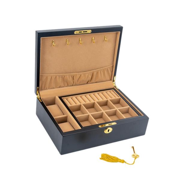 木製ジュエリーボックス ジュエリー収納ボックス ロック&キー付き 2段 ロック可能ジュエリーケース 小物入れ リング イヤリング 整理用