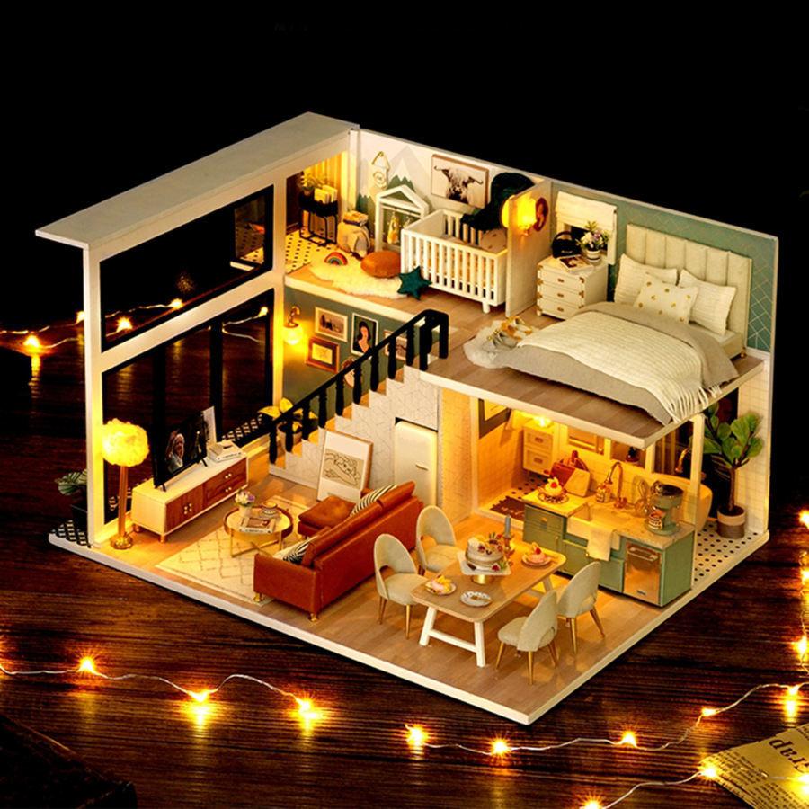 ミニチュアドールハウスキット DIY 手作り 北欧 木製ドールハウス 家具付き プレゼント ハウスモデル LEDライト おしゃれ｜stk-shop｜02