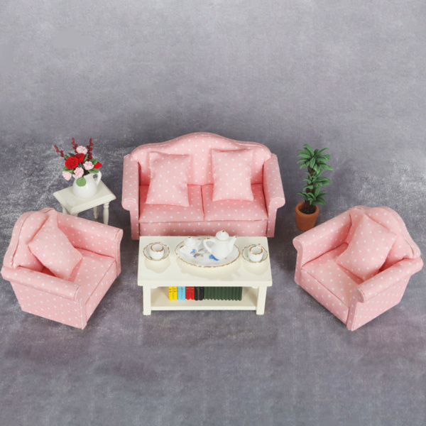 愛らしい木製ドールハウス家具キッズルームのセットのおもちゃドールハウスの家具木製のおもちゃピンク張りソファクッションセット｜stk-shop｜02