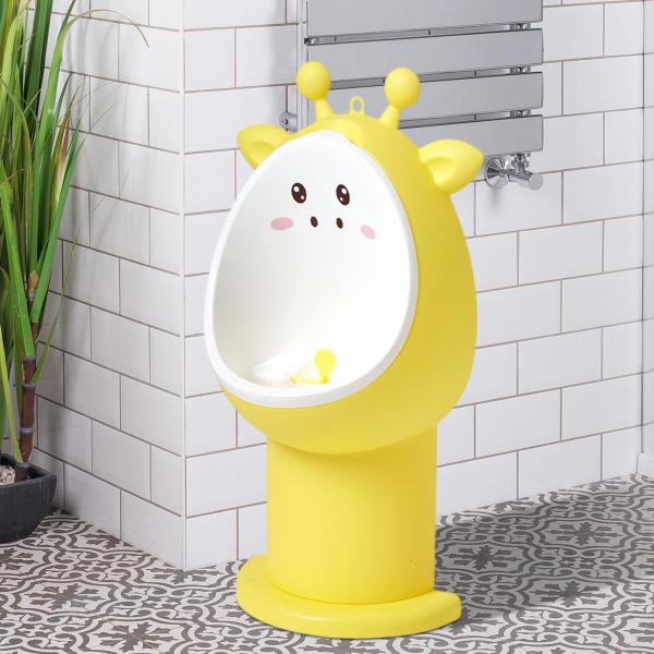 漫画の動物のおしっこトイレトレーニング便器少年立っている便器頑丈な黄色の子鹿