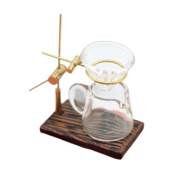 ドールハウス コーヒーホルダー ガラスカップ DIY用品 ごっこ遊び おもちゃ 手作り 合金製スタンド付き リビングルーム用小型コーヒーメーカー