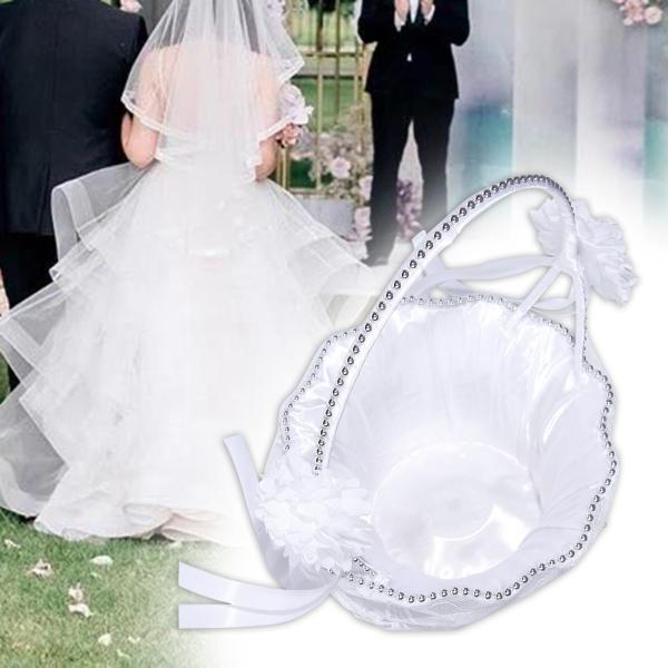 結婚式のバスケット フェアリーレースフラワーバスケット ハンドル付き サテンリボンバスケット センターピースオーナメント お祝い用