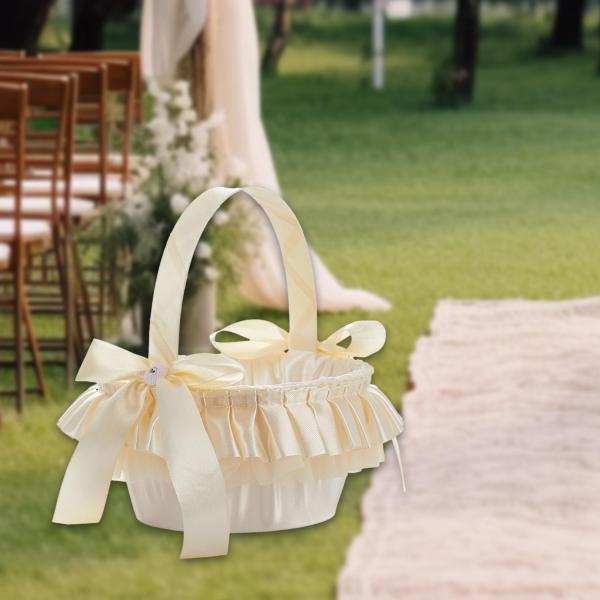かわいいウェディングフラワーガールバスケット ハンドル付き ちょう結びサテンフラワーバスケット 結婚式・婚約宴会パーティー装飾用
