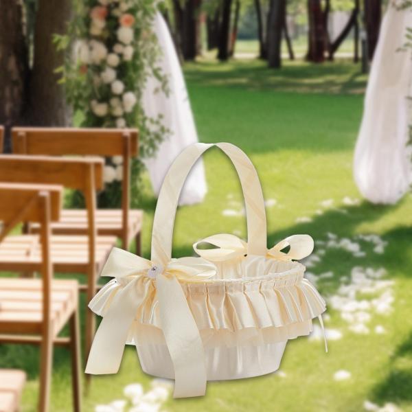 かわいいウェディングフラワーガールバスケット ハンドル付き ちょう結びサテンフラワーバスケット 結婚式・婚約宴会パーティー装飾用