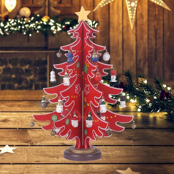 クリスマスツリーオーナメント 木製 星付き ミニ パーティー テーブルトップ センターピース レッド ミディアム