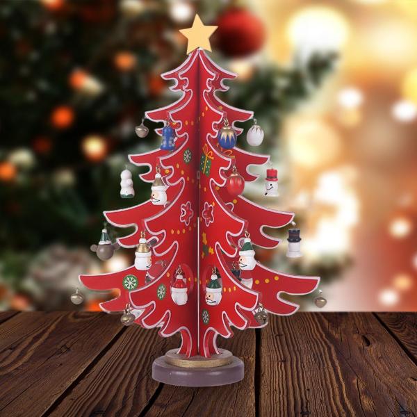 クリスマスツリーオーナメント 木製 星付き ミニ パーティー テーブルトップ センターピース レッド ミディアム