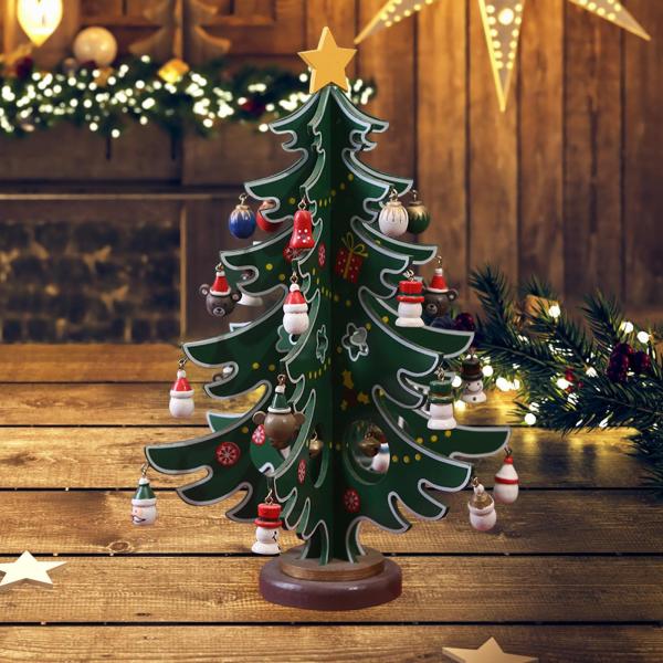 クリスマスツリーオーナメント 木製 星付き ミニ パーティー テーブルトップ センターピース グリーン 小