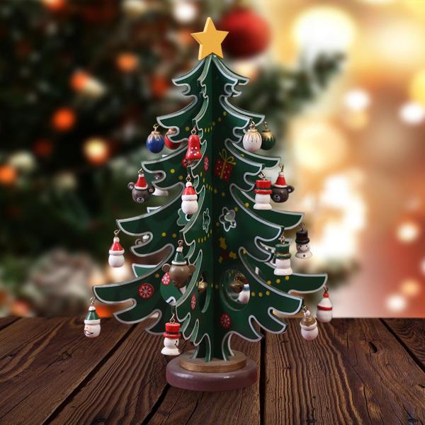 クリスマスツリーオーナメント 木製 星付き ミニ パーティー テーブルトップ センターピース グリーン ミディアム