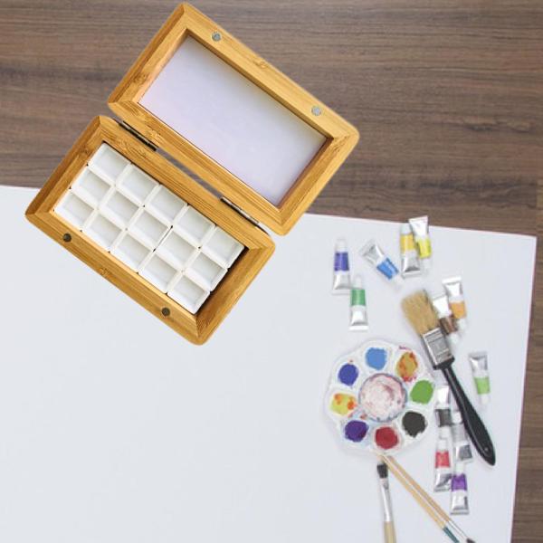 水彩絵の具箱 15 グリッド クラフト用品 旅行用パレット 組み立て式パン ライトブラウン
