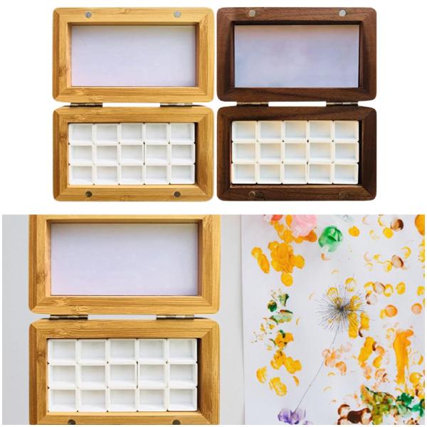 水彩絵の具箱 15 グリッド クラフト用品 旅行用パレット 組み立て式パン ライトブラウン