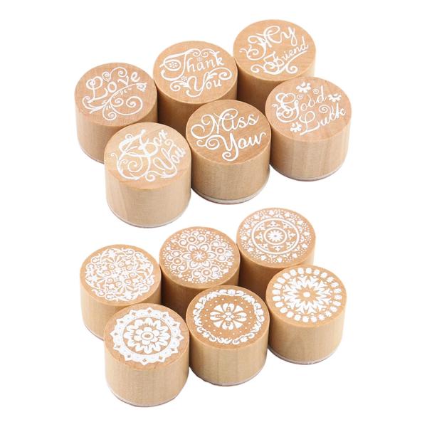 12個の木製スタンプ 花柄ゴムスタンプ 丸型レース木製ゴムスタンプ スクラップブッキングやDIYクラフトカード用