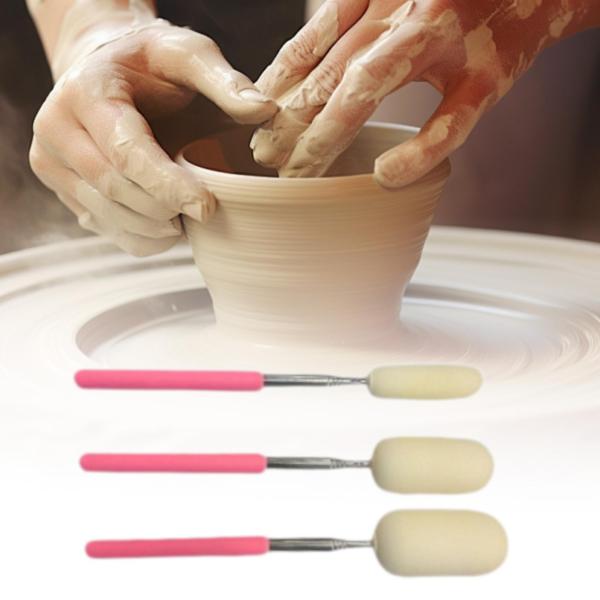 伸縮スポンジスティック 3本 アーティストスポンジロッド 背の高いまたは狭い陶器用 ピンク