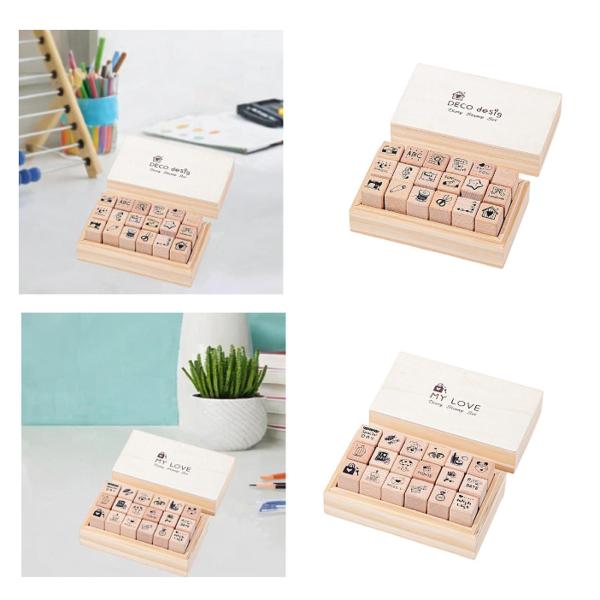 18個の木製スタンプ、木製ゴムスタンプ、DIY用品、クラフト、日記スタンプセット、ミニスタンプ、スクラップブック、ジャーナル、日記プランナー用