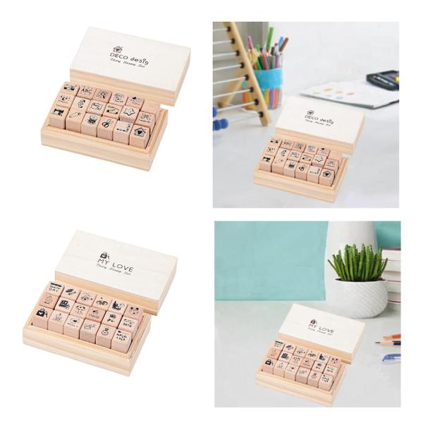 18個の木製スタンプ、木製ゴムスタンプ、DIY用品、クラフト、日記スタンプセット、ミニスタンプ、スクラップブック、ジャーナル、日記プランナー用