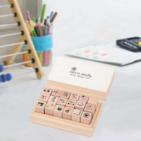 18個の木製スタンプ、木製ゴムスタンプ、DIY用品、クラフト、日記スタンプセット、ミニスタンプ、スクラップブック、ジャーナル、日記プランナー用