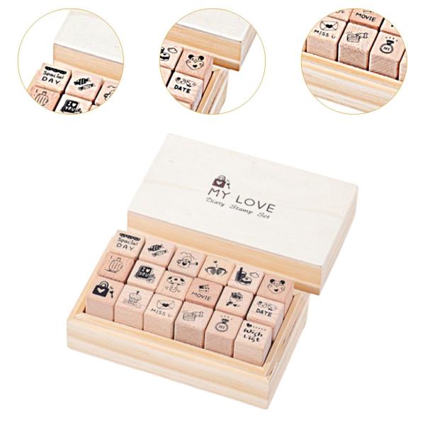 18 個ミニスタンプ木製ゴム印収納ボックス付き手作り日記スタンプセット木製スタンプハッピープランナースクラップブッキング用