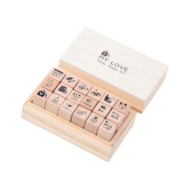 18 個ミニスタンプ木製ゴム印収納ボックス付き手作り日記スタンプセット木製スタンプハッピープランナースクラップブッキング用