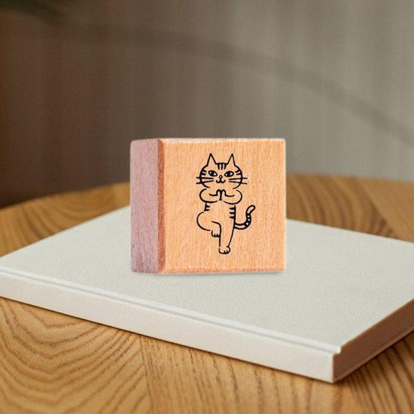 猫のスタンプ 1.2インチ 小さな木製ゴムスタンプ 日記 手紙 スクラップブック ヨガ用