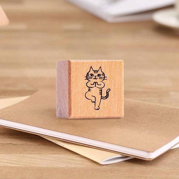 猫のスタンプ 1.2インチ 小さな木製ゴムスタンプ 日記 手紙 スクラップブック ヨガ用
