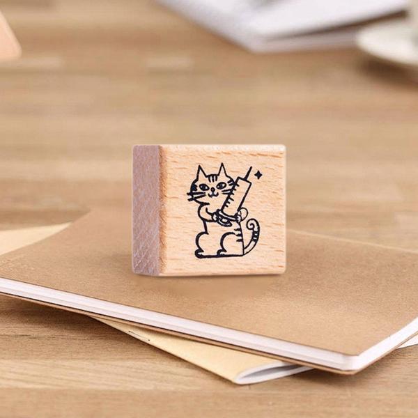 猫のスタンプ 1.2インチ 小さな木製ゴムスタンプ ジャーナル レター スクラップブック ナース用