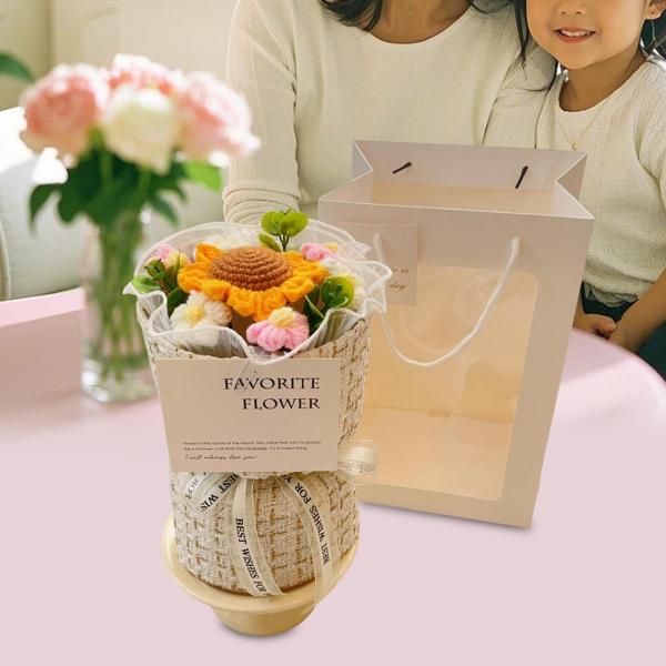 かぎ針編みの花束 手作りニットブーケ 結婚式 バレンタインデー ひまわり ピンク