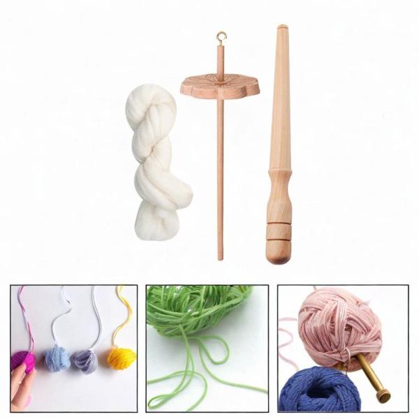 ウールストリップを使用した編み編みフェルト用のワインダースティック付きフラワーシェイプドロップスピンドル(木製)