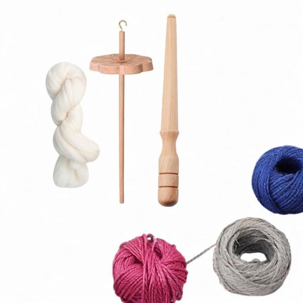 ウールストリップを使用した編み編みフェルト用のワインダースティック付きフラワーシェイプドロップスピンドル(木製)