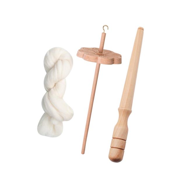 ウールストリップを使用した編み編みフェルト用のワインダースティック付きフラワーシェイプドロップスピンドル(木製)