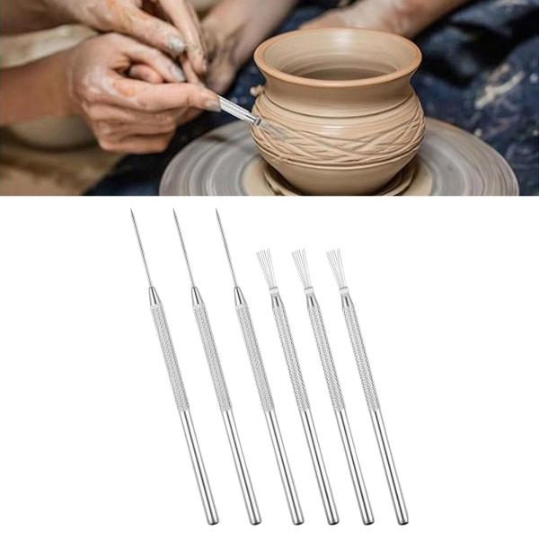 粘土ピンツール 陶器彫刻ツール 滑り止めハンドル 多機能彫刻キット の細部テクスチャリング用 6個