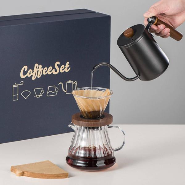 コーヒー器具 手動ドリップ セット コーヒードリッパー ガラスサーバー グースネックケトル 紙フィルター 可視抽出 木製バンド 共有しやすい 朝のルーチンに適用