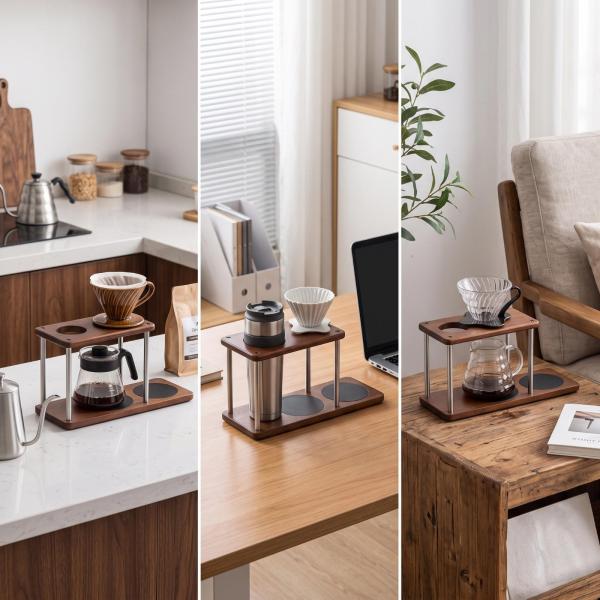 コーヒースタンド ドリップステーション 二層 木製 抽出器具 ドリッパー カラフェ 収納 耐熱保護 シリコンパッド 安定支持 省スペース 整理 清潔維持 自宅に適用