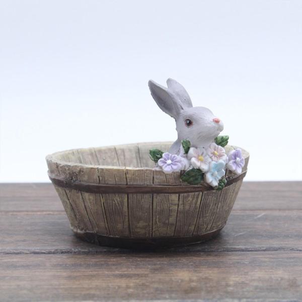 卓上花瓶 フラワーポット 彫刻 プランター バレル型 屋内 屋外 クリエイティブ 樹脂 植木鉢 ウサギの像付き 寝室 リビングルーム用