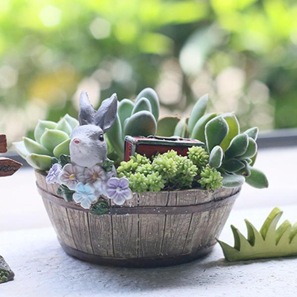 卓上花瓶 フラワーポット 彫刻 プランター バレル型 屋内 屋外 クリエイティブ 樹脂 植木鉢 ウサギの像付き 寝室 リビングルーム用