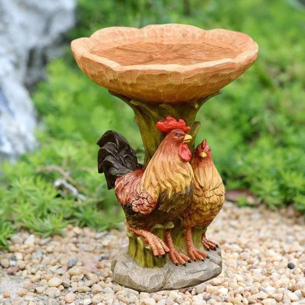 庭の鳥のバスボウル鶏の像の置物バードバスオーナメント樹脂フィーダー鶏の彫刻公園のフェンス屋外手すり用