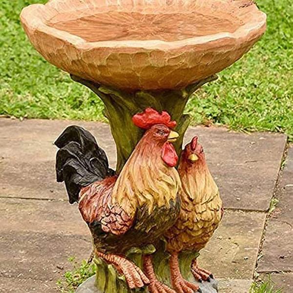 庭の鳥のバスボウル鶏の像の置物バードバスオーナメント樹脂フィーダー鶏の彫刻公園のフェンス屋外手すり用