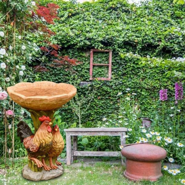 庭の鳥のバスボウル鶏の像の置物バードバスオーナメント樹脂フィーダー鶏の彫刻公園のフェンス屋外手すり用