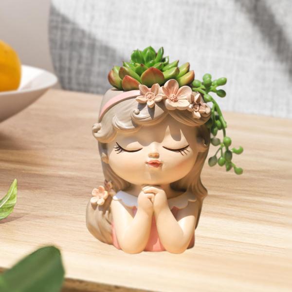 フェイスプランターポット ホームデコレーション 花瓶 彫像 手工芸品 漫画植木鉢 8x7x11cm ピンク ブラウン