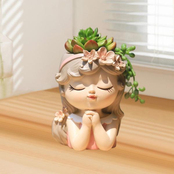 フェイスプランターポット ホームデコレーション 花瓶 彫像 手工芸品 漫画植木鉢 8x7x11cm ピンク ブラウン
