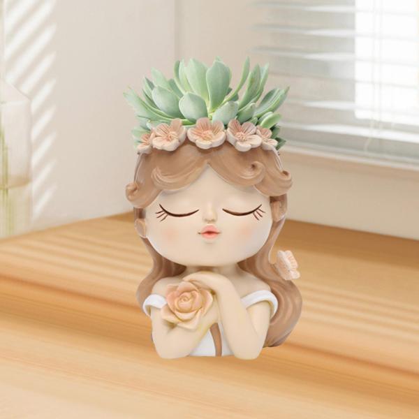 フェイスプランターポット ホームデコレーション 花瓶 彫像 手工芸品 漫画植木鉢 8x7x11cm ホワイト ブラウン