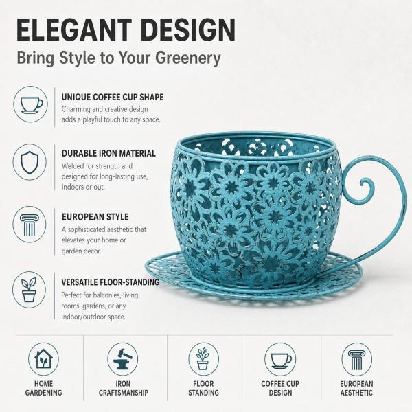 屋外用植木鉢、ヴィンテージ風プランター、金属製コーヒーカップ型