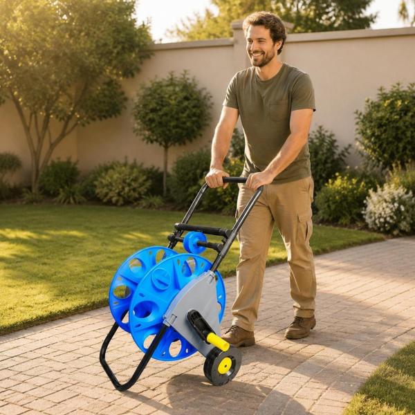 Hose Reel Cart 可動 ホースリール 収納 ホースワゴン 搭載 押し手 フレーム 移動 安定 整理 便利 ガーデン 庭園 パティオ 玄関先 ドライブウェイ に適用