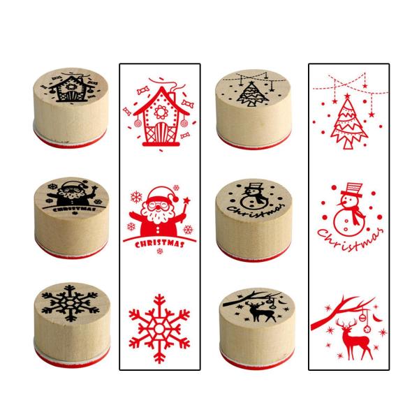 6個の木製スタンプ、ハッピークリスマススタンプコレクション、子供用ホリデースタンプ、クリスマススタンプセット、