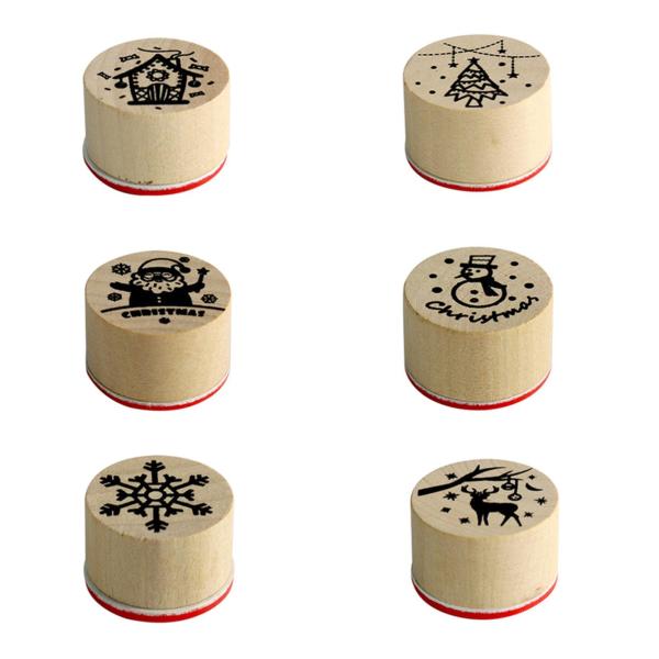 6個の木製スタンプ、ハッピークリスマススタンプコレクション、子供用ホリデースタンプ、クリスマススタンプセット、